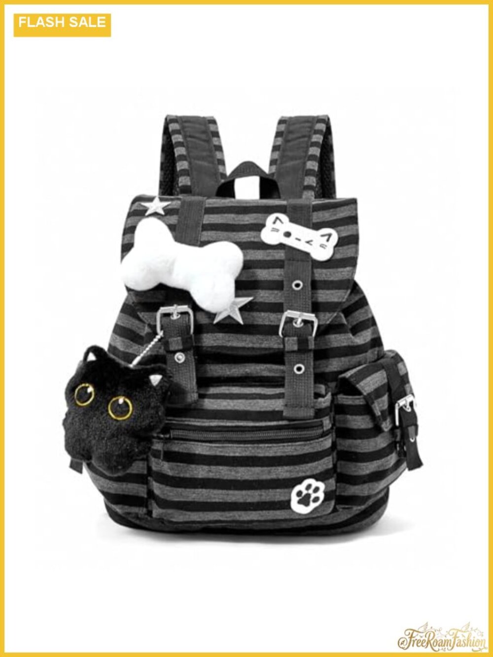Coquette Striped Nylon Backpack Y2K Kawaii Cat Decor Multi Pocket Daypack